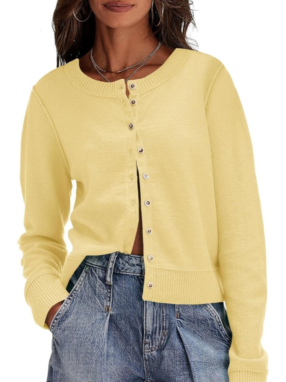 Women's Yellow Long Sleeve Crew Neck Imported Button Down Cardigan Sweaters